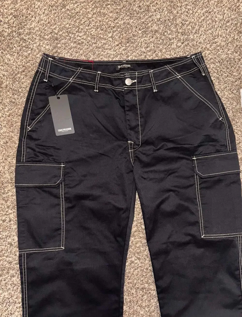 True Religion Jet Black Contrast Stitch Cargo Pants. NWT. Size 36